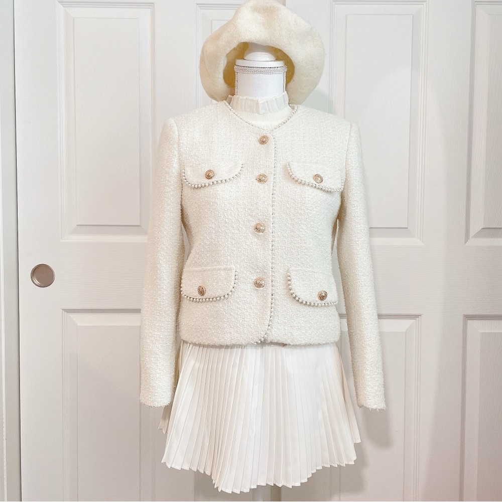 J.ing tweed blazer with pearl trim and gold buttons